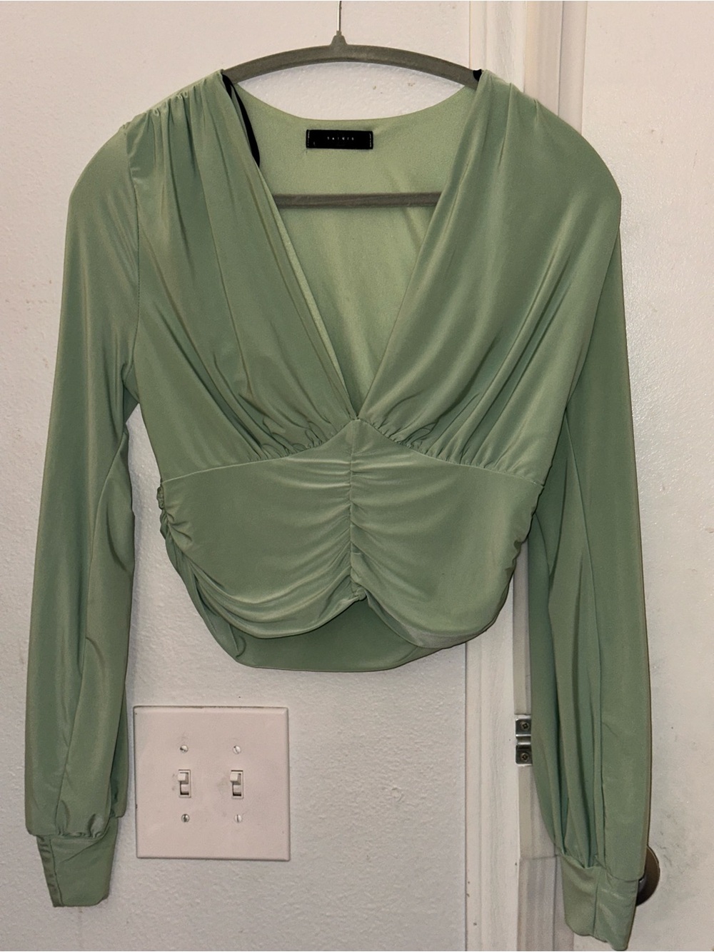 Sage Green Ruched Wrap Long-Sleeve Top